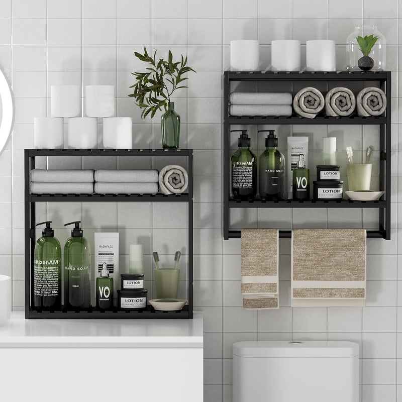 PPN Towel Rack Bathroom Storage Shelves Over The Toilet with Towel Bar 100% Bamboo Adjustable Height Floating Shelf Wall Shower Shelf for Small Space Bathroom Kitchen Multi Usage (Black-2Pack) - Image 1